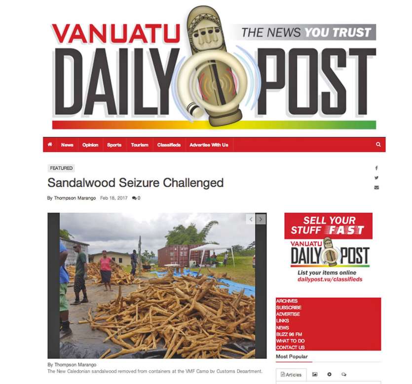 Le Vanuatu Daily Post s’est attardé samedi, tout comme le Vanuatu Digest avant-hier, sur la saisie des conteneurs. « Belair Farm a reçu l\'approbation du ministère de la Biosécurité pour importer les 68 tonnes de bois de santal de l\'exportateur de Nouvel