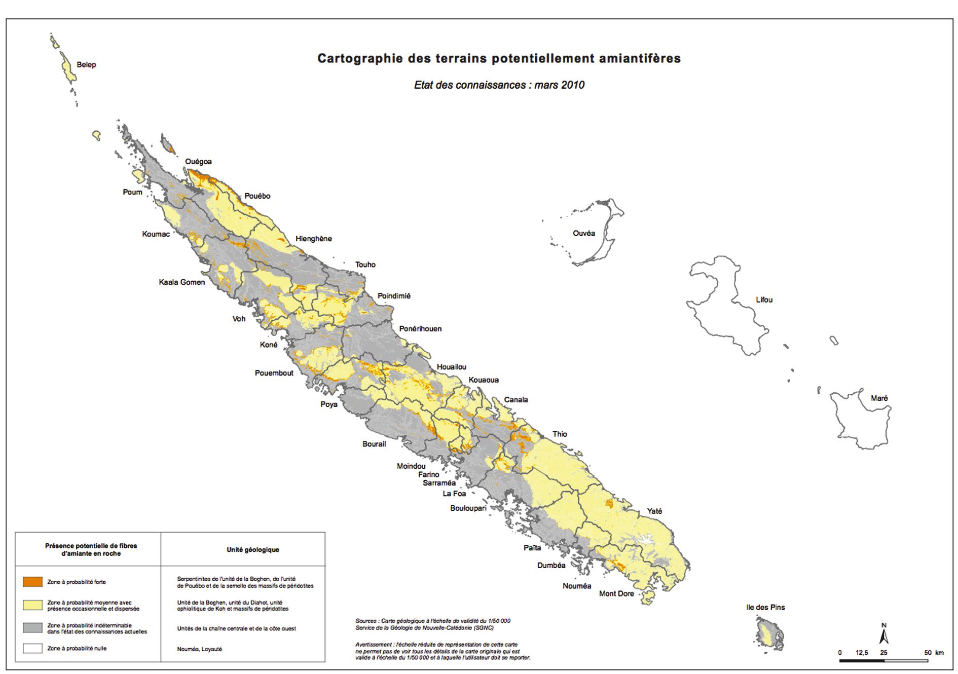 Selon la cartographie du BRGM (Bureau de Recherches Géologiques et Minières), on trouve de l’amiante environnemental quasiment partout sur le Caillou.