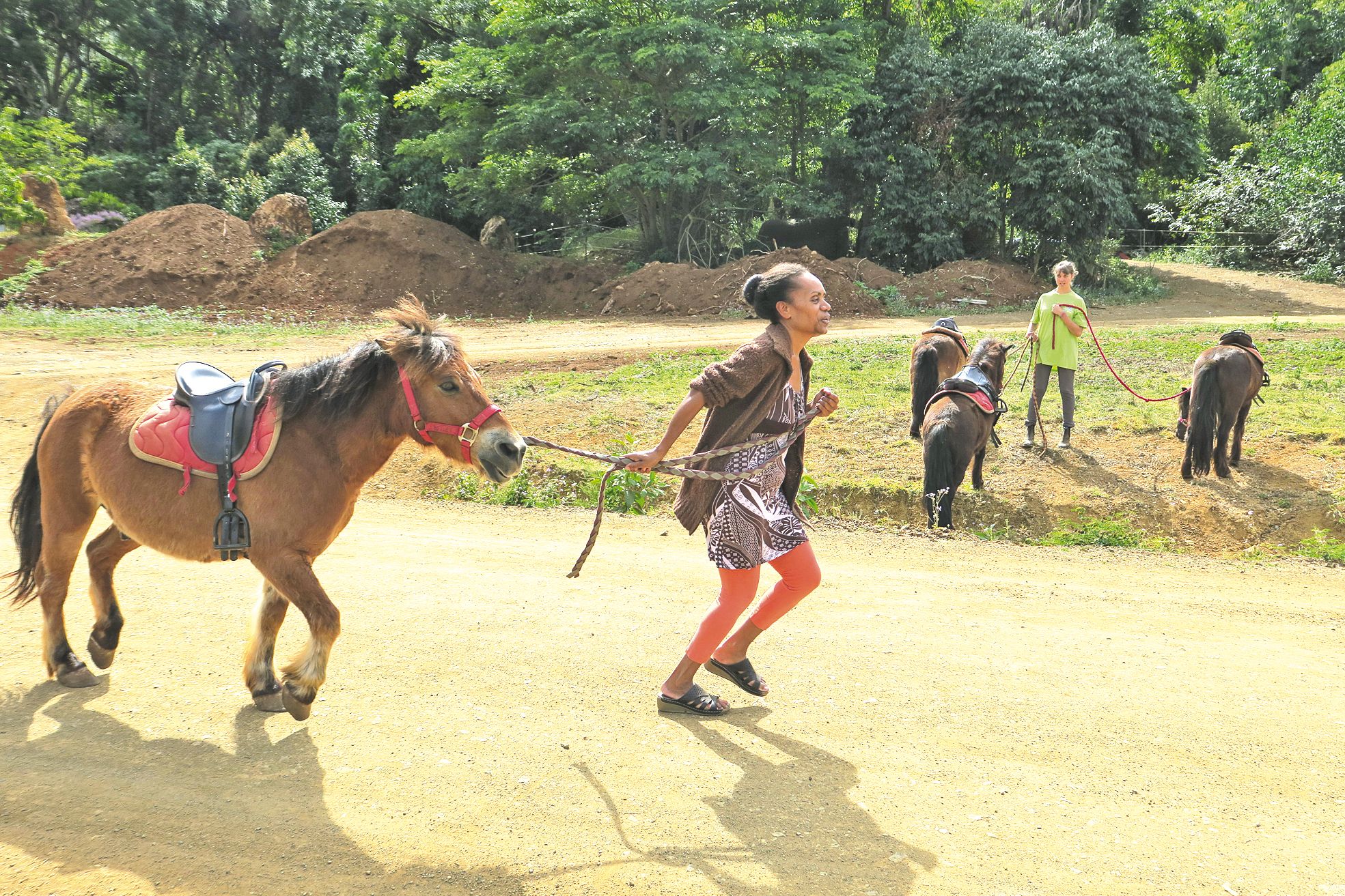 Brigitte, une des mamans participantes, s’est entraînée à mener un poney au trot.  Un exercice qui demande d’être à la fois patient et sûr de soi.