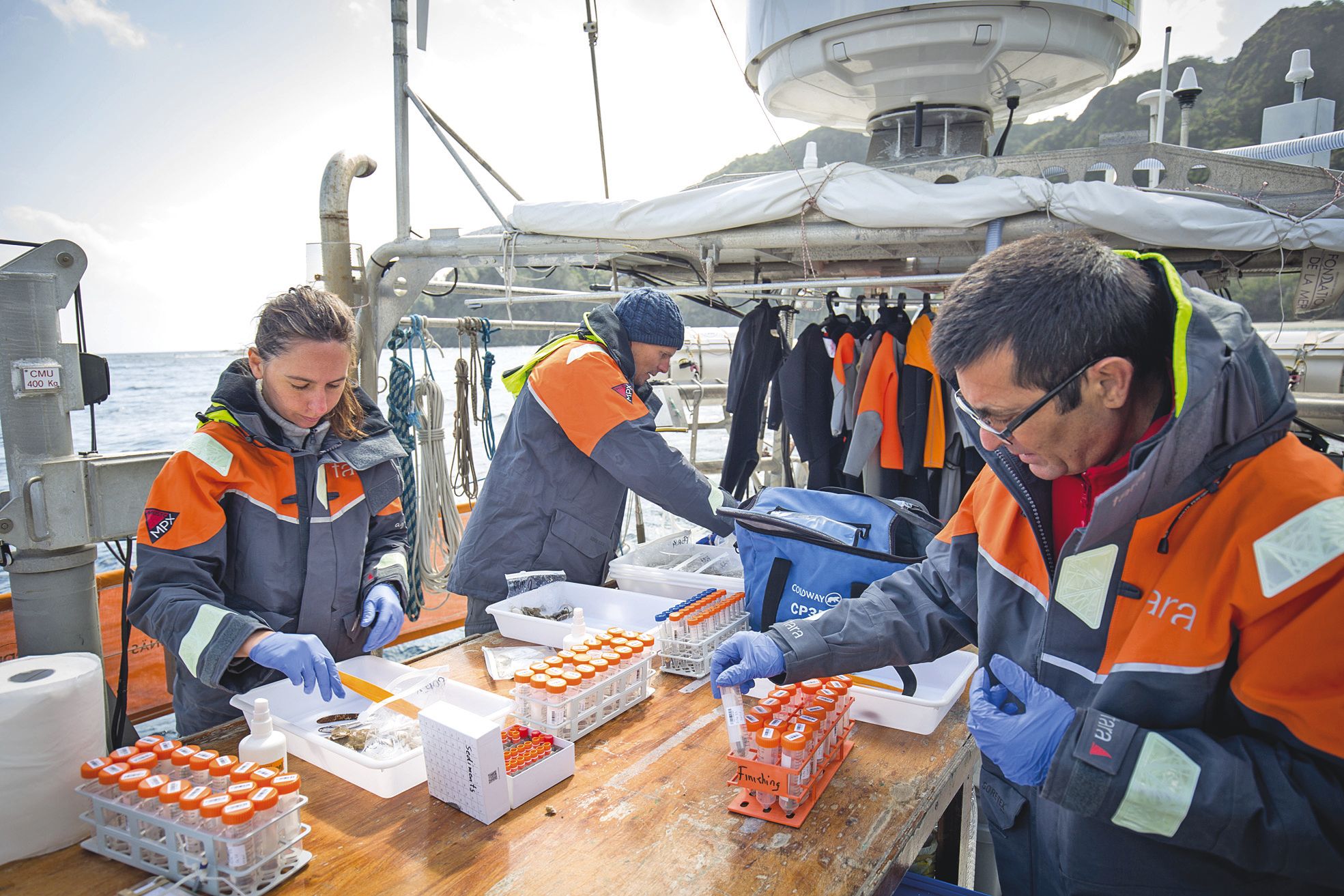 L’équipe scientifique de Tara traite des  échantillons de coraux qui seront ensuite analysés.