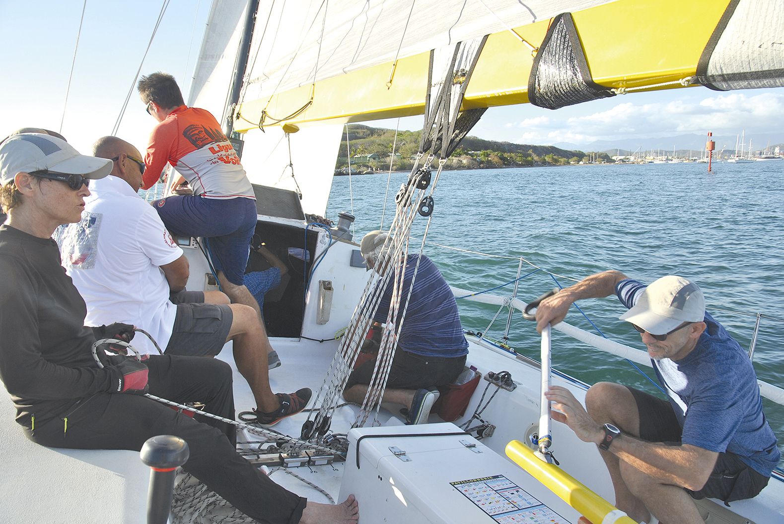 Avant le départ, le navire zigzague pour rester près de la ligne virtuelle à franchir tout en gardant de la vitesse.