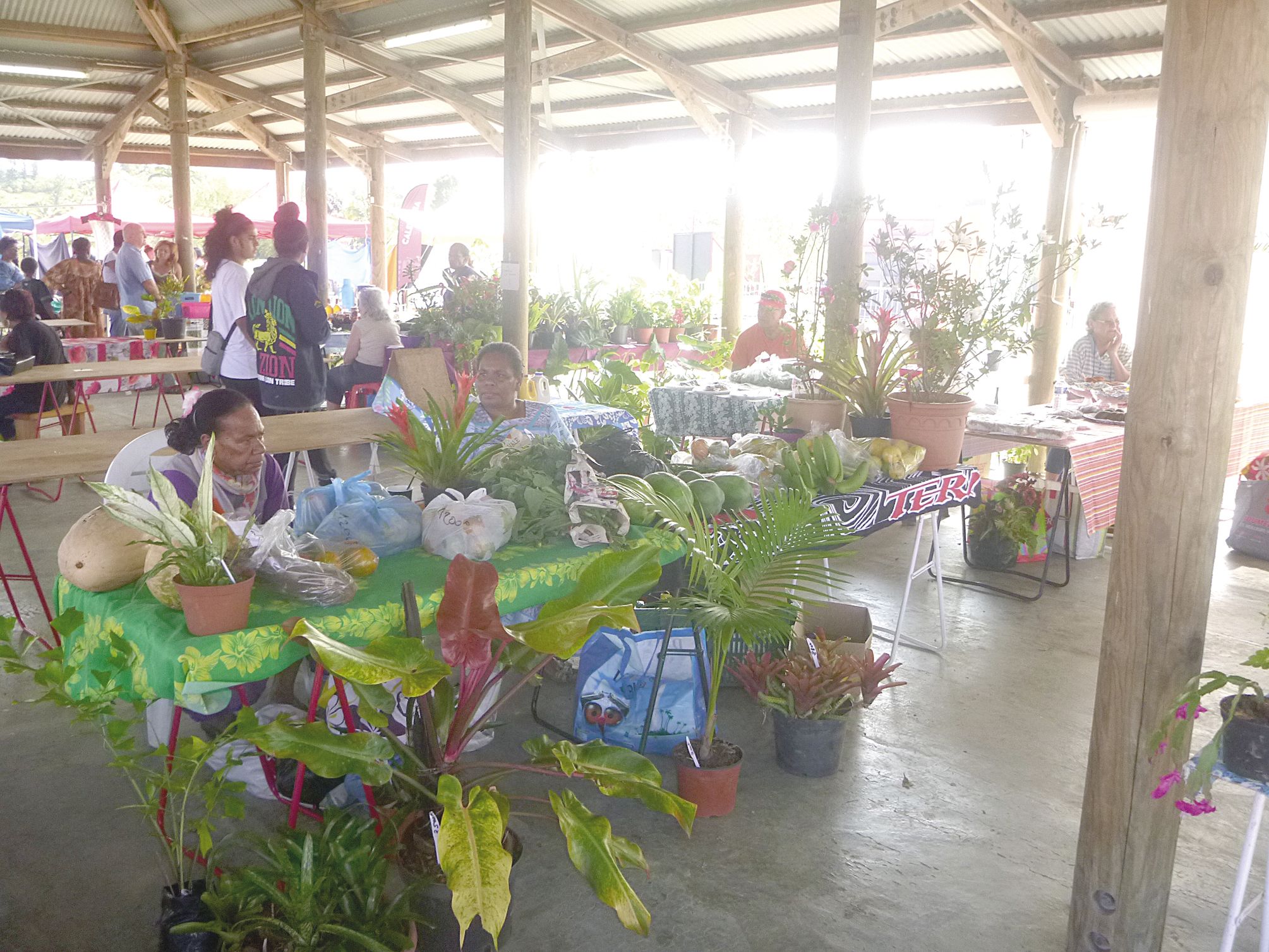 Les étals du marché ont proposé des produits locaux (fleurs d’hibiscus rouges pour infusion, pommes-lianes, chouchoutes, mandarines, etc.), ou encore transformés comme de l’anguille fumée ainsi que des plantes.