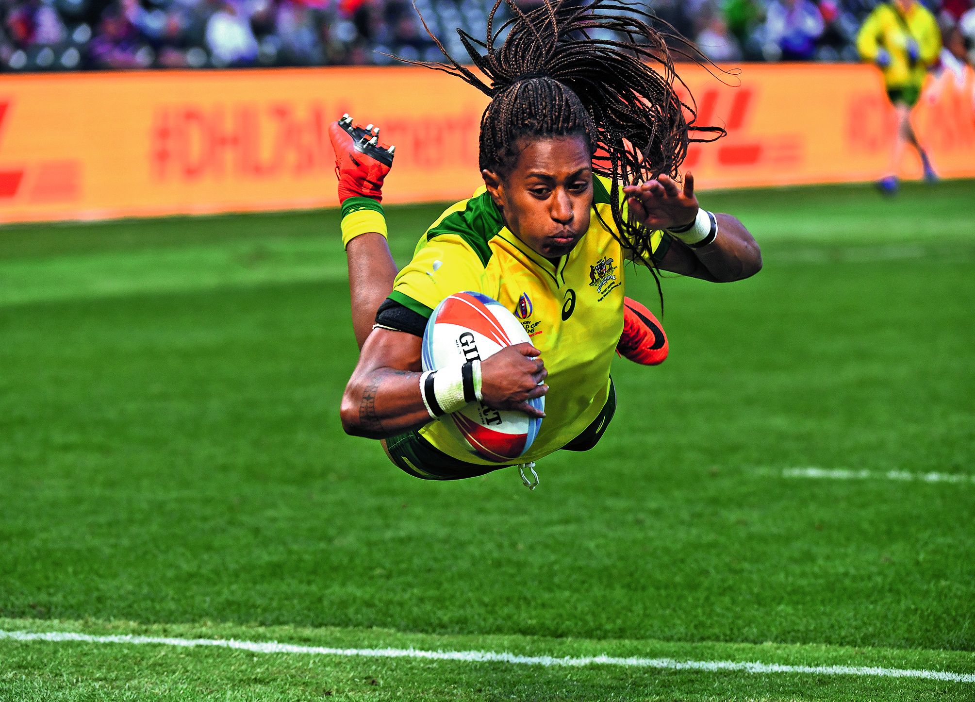 L\'Australie, championne olympique de rugby à VII chez les femmes, a pris la médaille de bronze de la Coupe du monde 2018 en battant les États-Unis, pays-hôte, 24-14 samedi à San Francisco. Ici, Elia Green de l’équipe d’Australie.