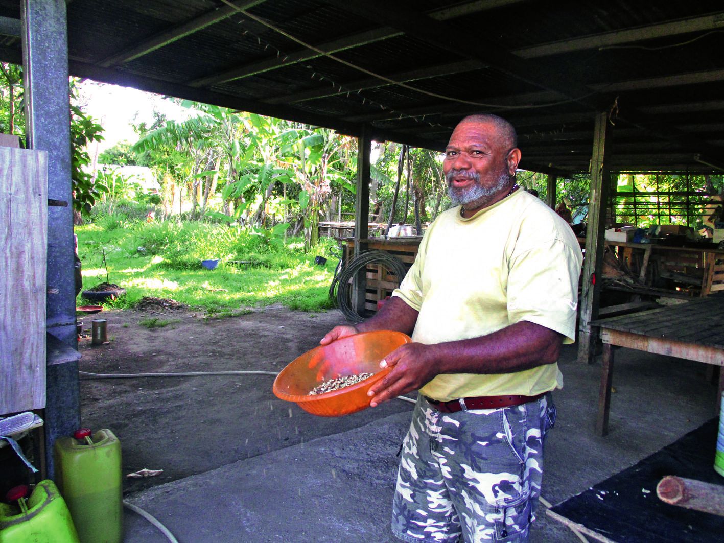 Lors du décorticage, Auguste enlève la fine enveloppe blanche sur le grain séché.