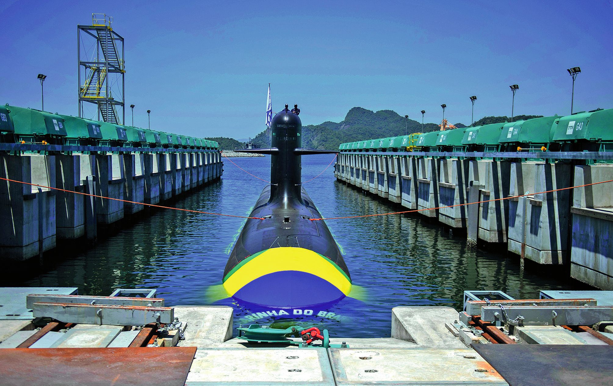 Le Riachuelo, premier sous-marin de fabrication franco-brésilienne, a été mis à flot vendredi à Itaguai, près de Rio de Janeiro, dans le cadre d\'un vaste programme qui prévoit la construction de cinq submersibles, dont un à propulsion nucléaire.Photo AFP