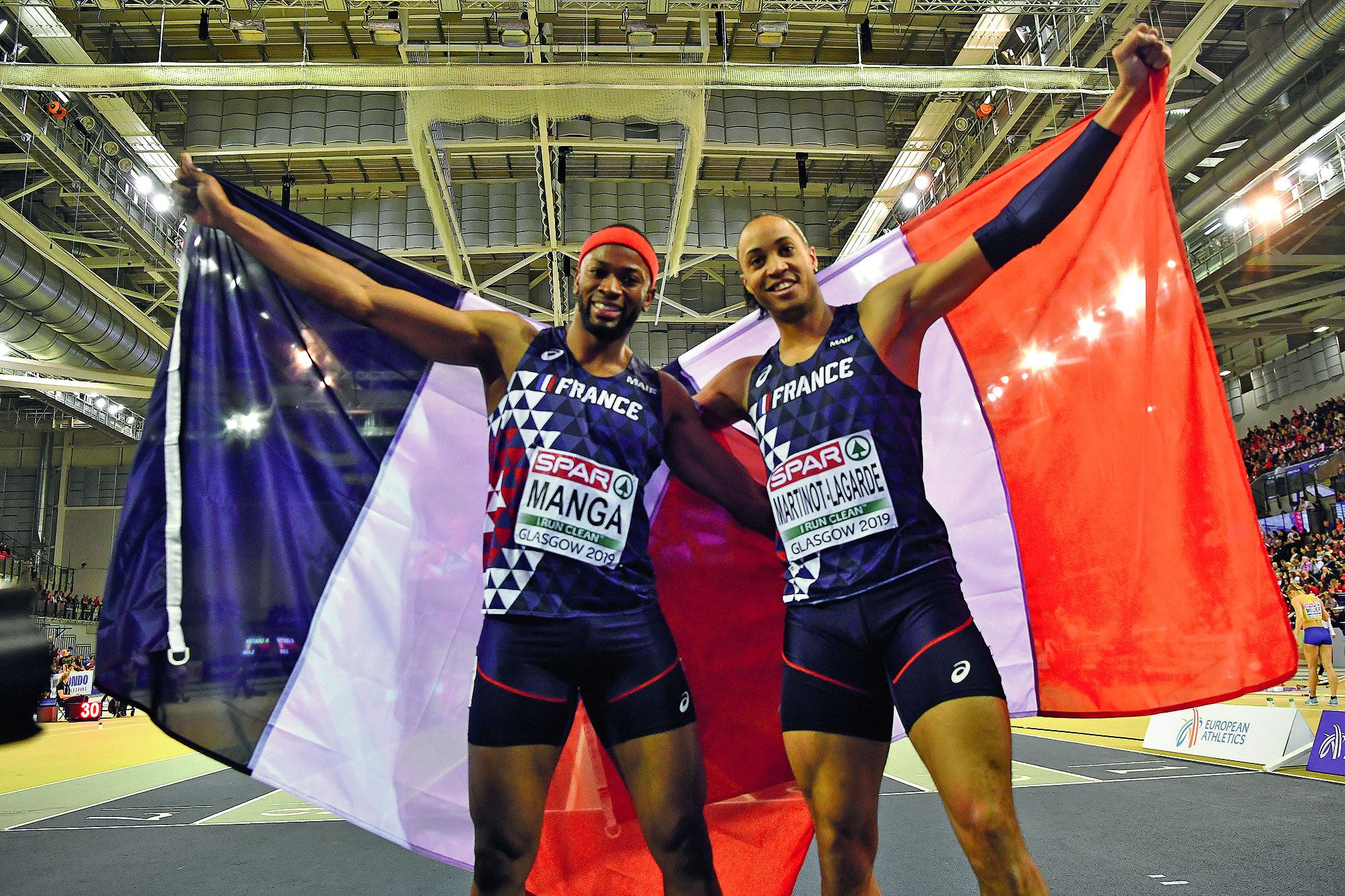Aurel Manga et Pascal Martinot-Lagarde savourent leurs médailles de bronze et d’argent. Photo AFP