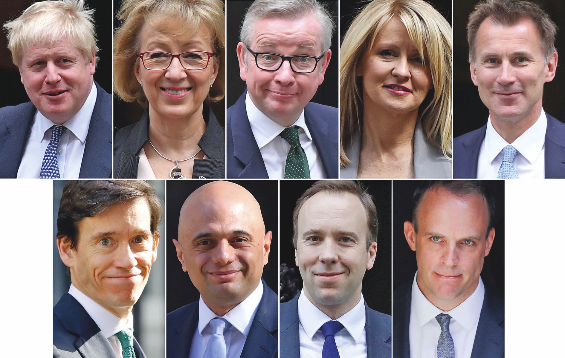 Les neuf prétendants à la succession de Theresa May. Certains ont attaqué le favori, Boris Johnson, et son « bluff » sur le Brexit, pendant qu’un autre voyait sa campagne plombée par ses aveux sur sa consommation de cocaïne.Photo afp