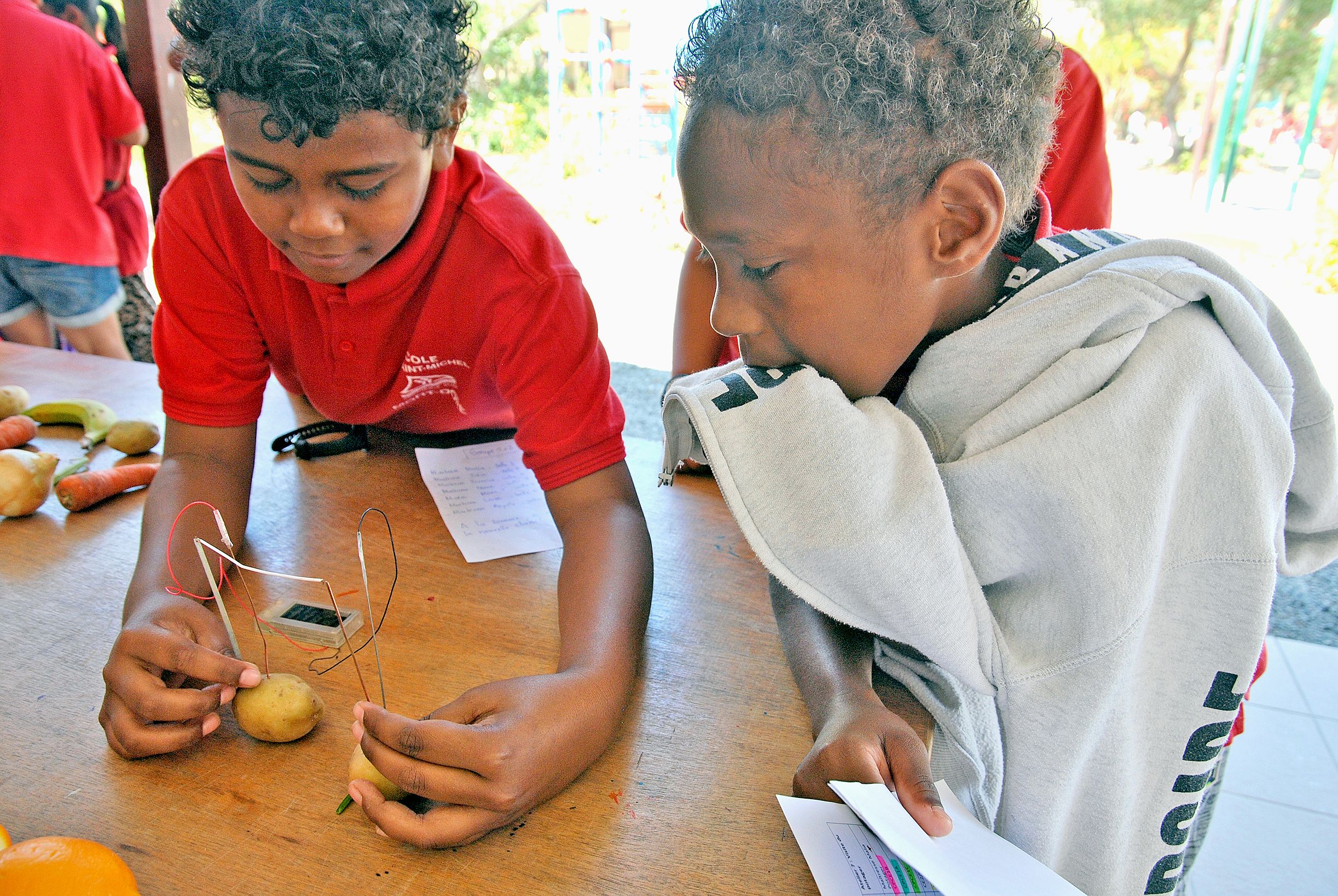 Avec deux électrodes raccordées à une horloge digitale, les enfants ont découvert que les pommes de terre pouvaient produire de l’électricité, tout comme les bananes mûres.