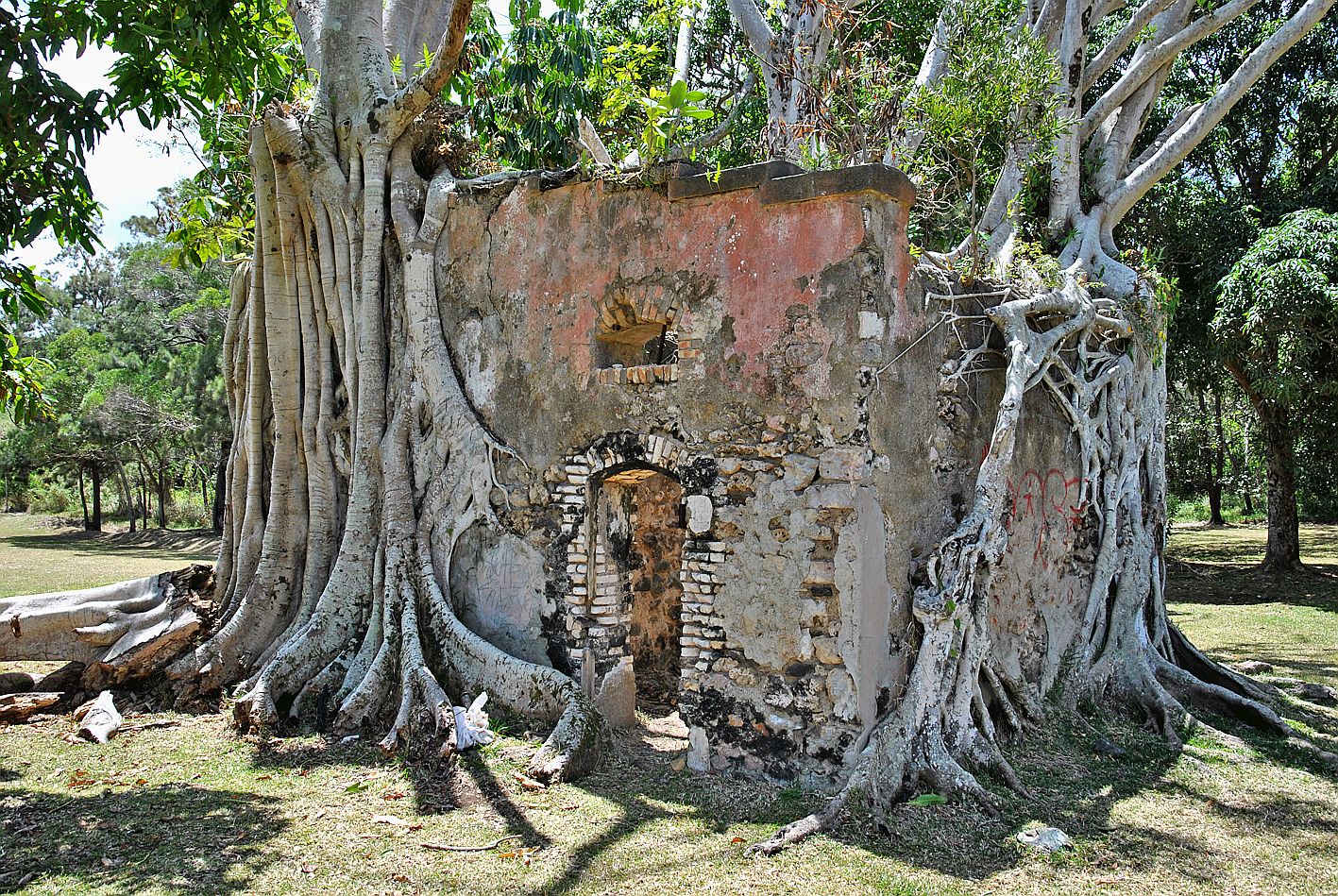 A Plum, l’ancienne gendarmerie, envahie par un banian, sur un terrain militaire situé en bord  de mer après l’hôtel Nuku Hiva a été classée par la Direction de la culture de la province Sud.