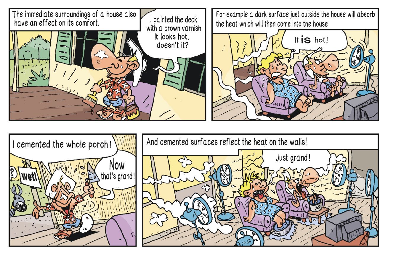 Quelques cases de Bioclimatic House - South Pacific Islands. En plus de la traduction - difficile -, certaines planches ont dû être retravaillées. La BD originale comportait certaines informations purement calédoniennes.