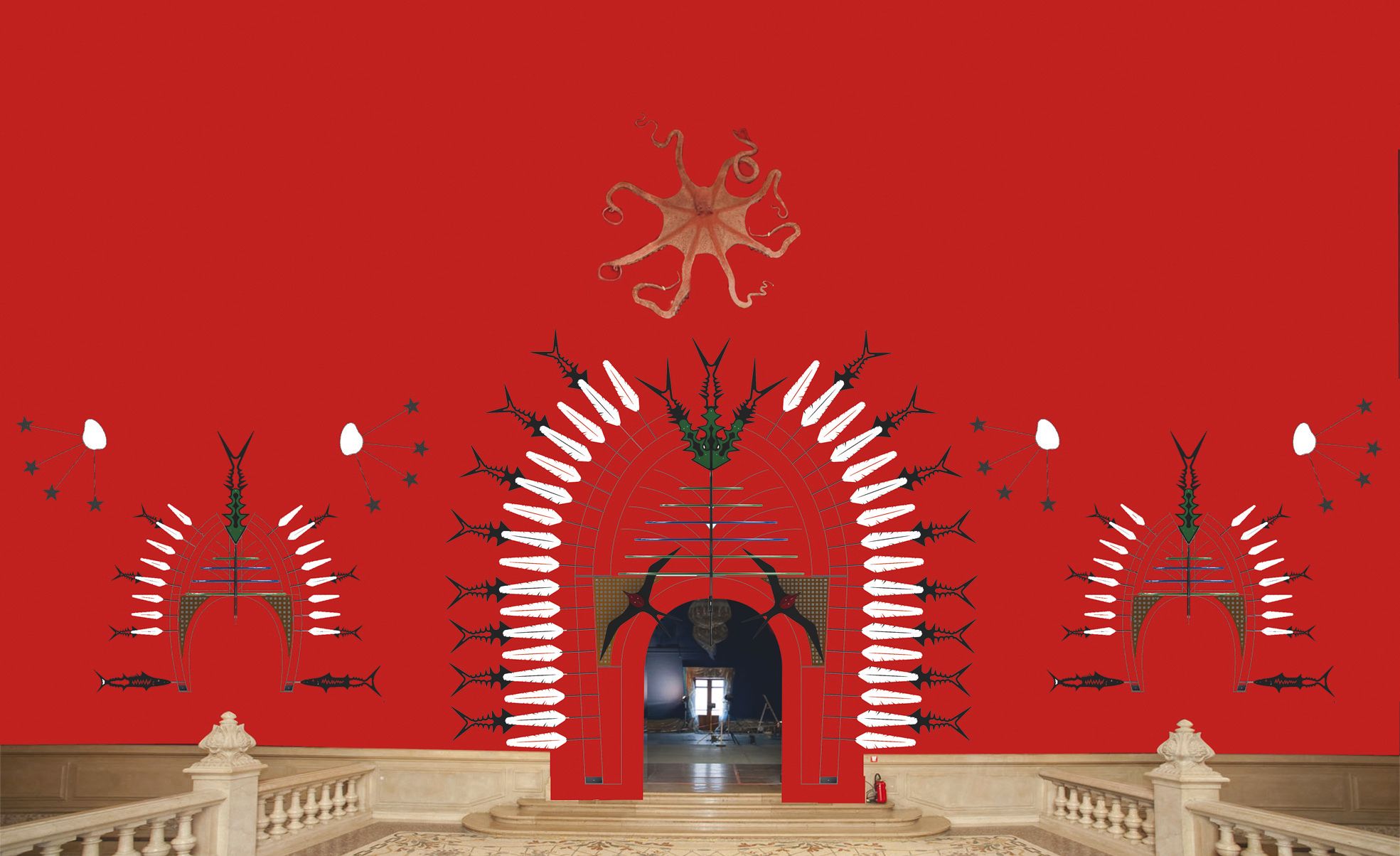 Cette œuvre de Ken Thaiday, artiste du détroit de Torres, transforme radicalement  une des portes monumentales du musée.