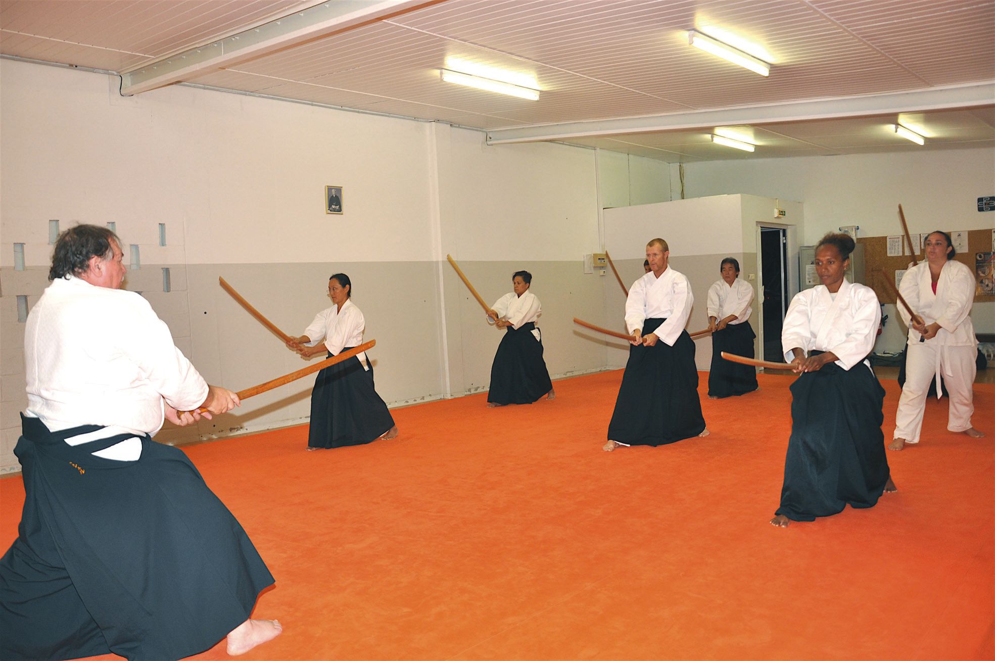 Les séances de stage ont débuté par la pratique du bokken, sabre en bois.
