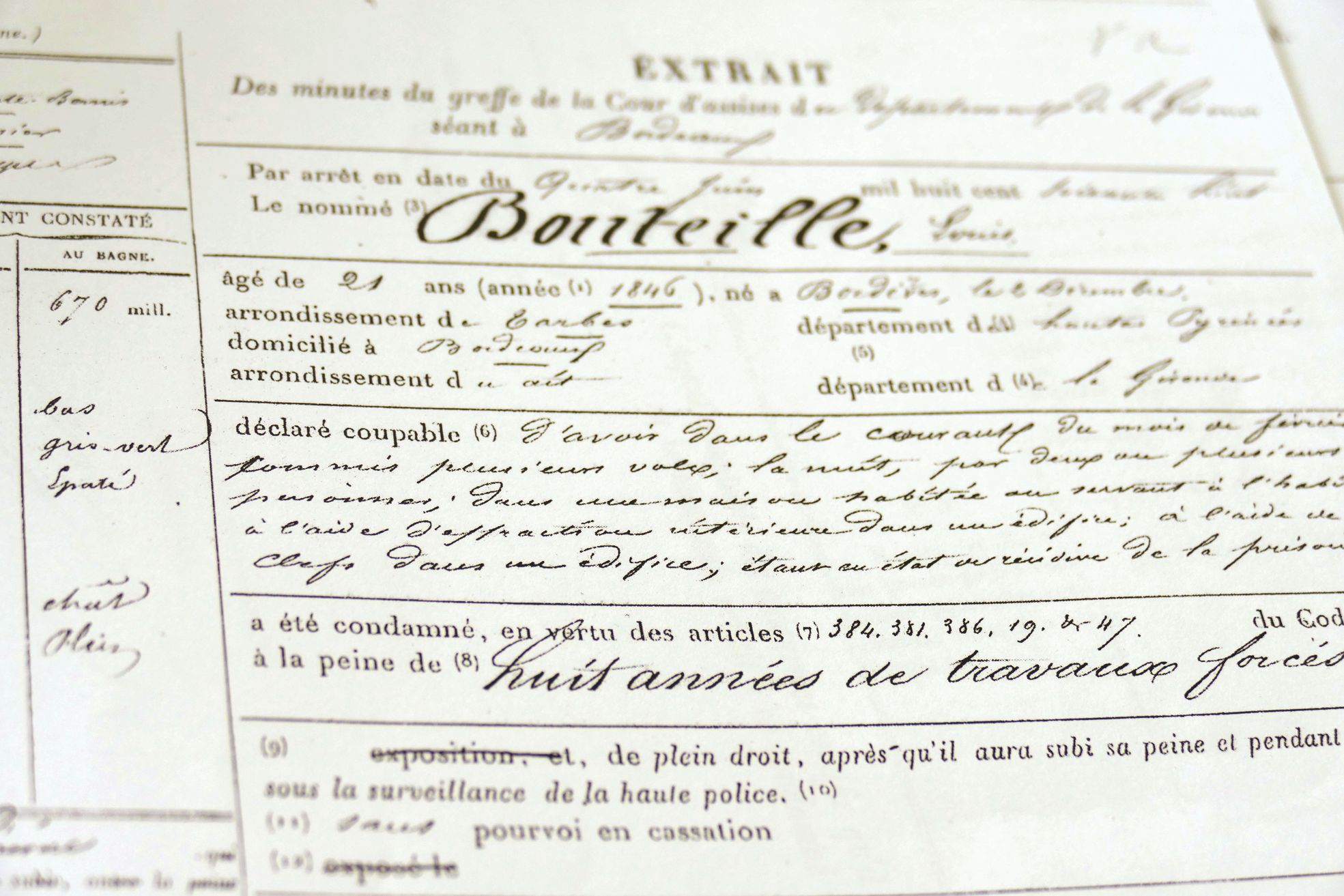 L'acte qui a scellé le destin de Louis Bouteille : sa condamnation à huit ans de travaux forcés, datée du 4 juin 1868.