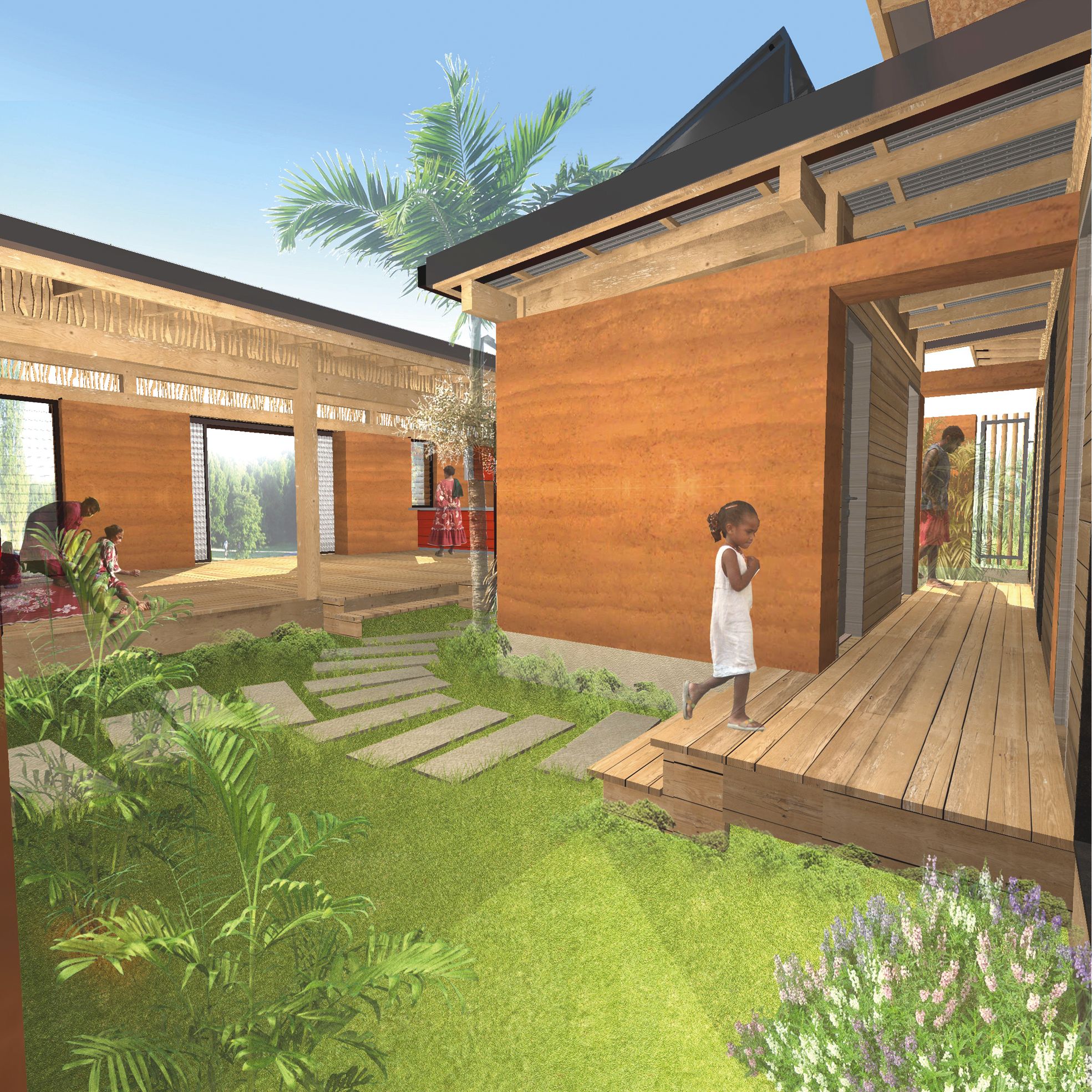 Un patio dessert trois blocs distincts. La pièce de vie regroupe salon, cuisine et terrasse, et peut être entièrement ouverte pour devenir une sorte de faré. À côté, un espace  chambres et un autre pour la salle d'eau et les W-C.