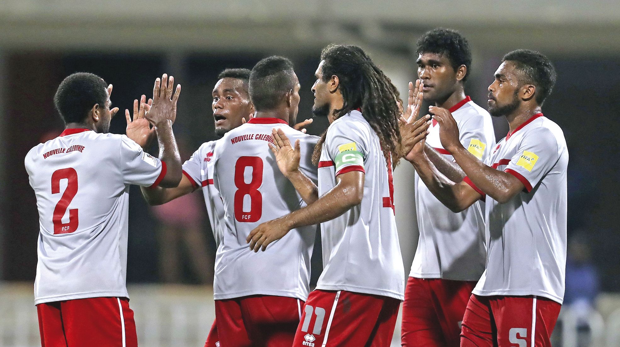 Port Moresby, mercredi 1er juin. De gauche à droite : Judicaël Ixoee (2), Georges Béaruné, Roy Kayara (8), Bertrand Kaï (11, capitaine), Jean-Brice Wadriako et Kévin Nemia (5).
