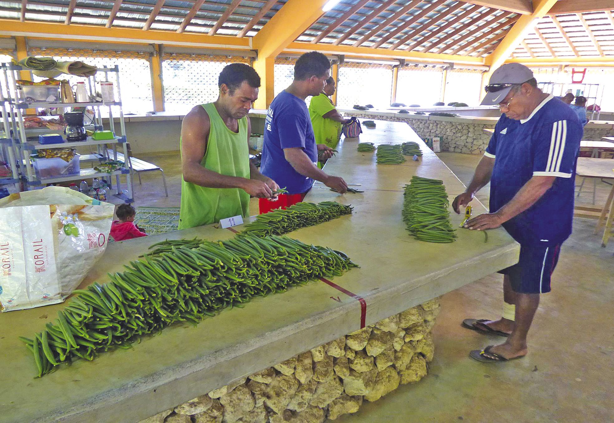 Marché de Wé, mardi 21 juin. Les producteurs trient eux-mêmes leurs gousses. Ils quitteront ensuite la zone d'achat.