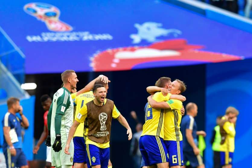 Les Suédois exultent après leur qualification en quarts de finale du Mondial le 3 juillet 2018