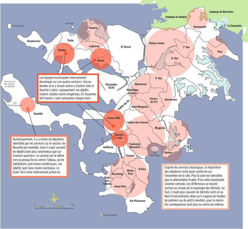 Les services de la ville travaillent sur une autre carte que celle-ci. Un document interne localisant chaque dépôt sauvage avec une photo  correspondante qui leur a permis de tirer les grandes tendances ci-dessus.