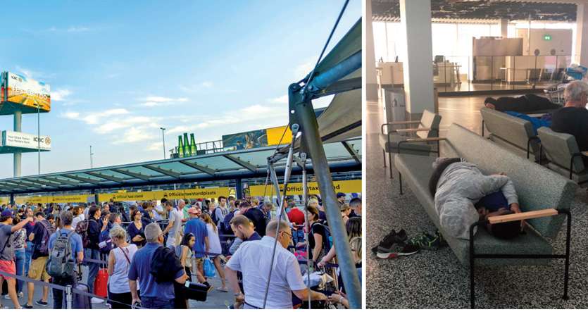 Avec plus de cinquante avions cloués au sol, l’aéroport d’Amsterdam a été submergé de passagers en transit. Parmi eux, des Calédoniens. Photos AFP et DR
