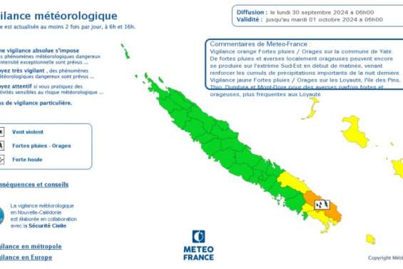 Le sud et les Loyauté placés en vigilance jaune fortes pluies et orages, vigilance orange maintenue à Yaté