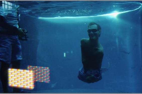 L'homme-tronc au milieu  des requins